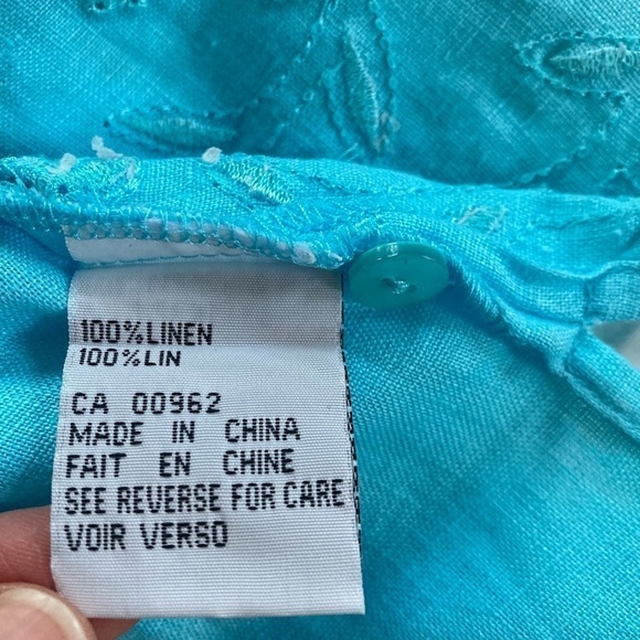 Laura Petites Blue Linen Embroidered Button Down, Collared Shirt. Size M - Picture 7 of 8